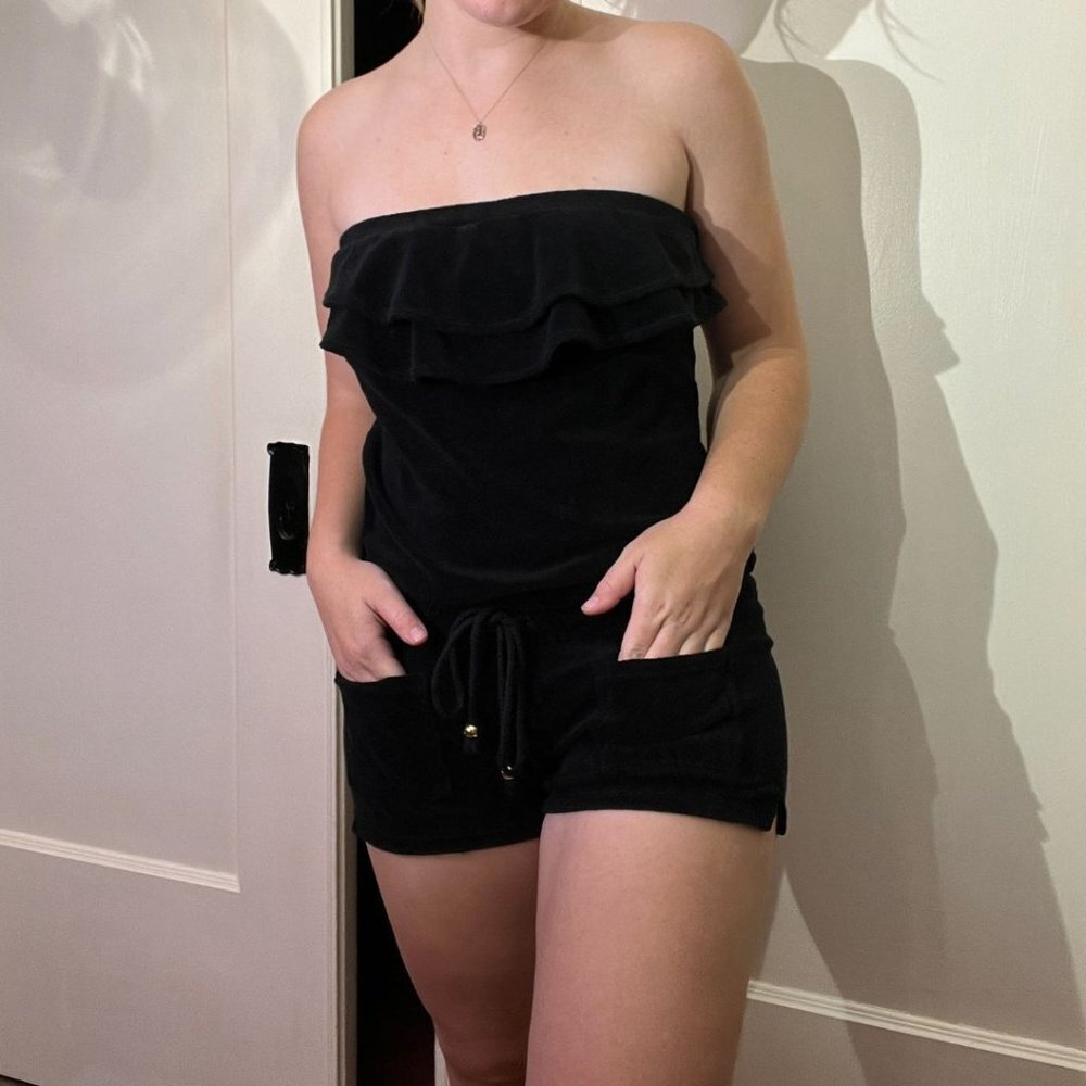 Juicy Couture Black Velvet Strapless Ruffle Romper